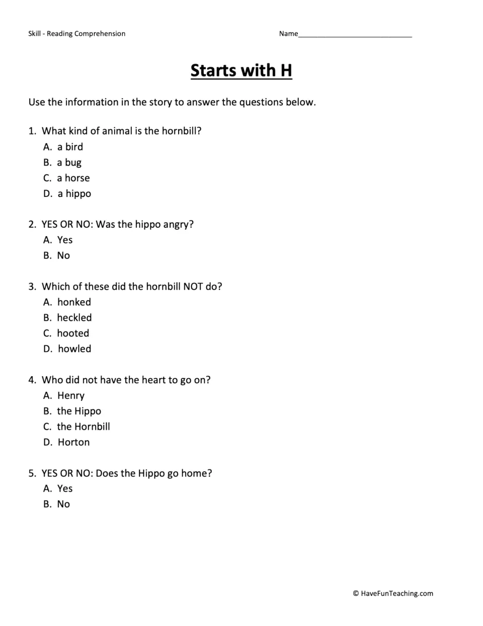 Five comprehension questions about the hornbill's identity and actions, the hippo's anger, and Henry.