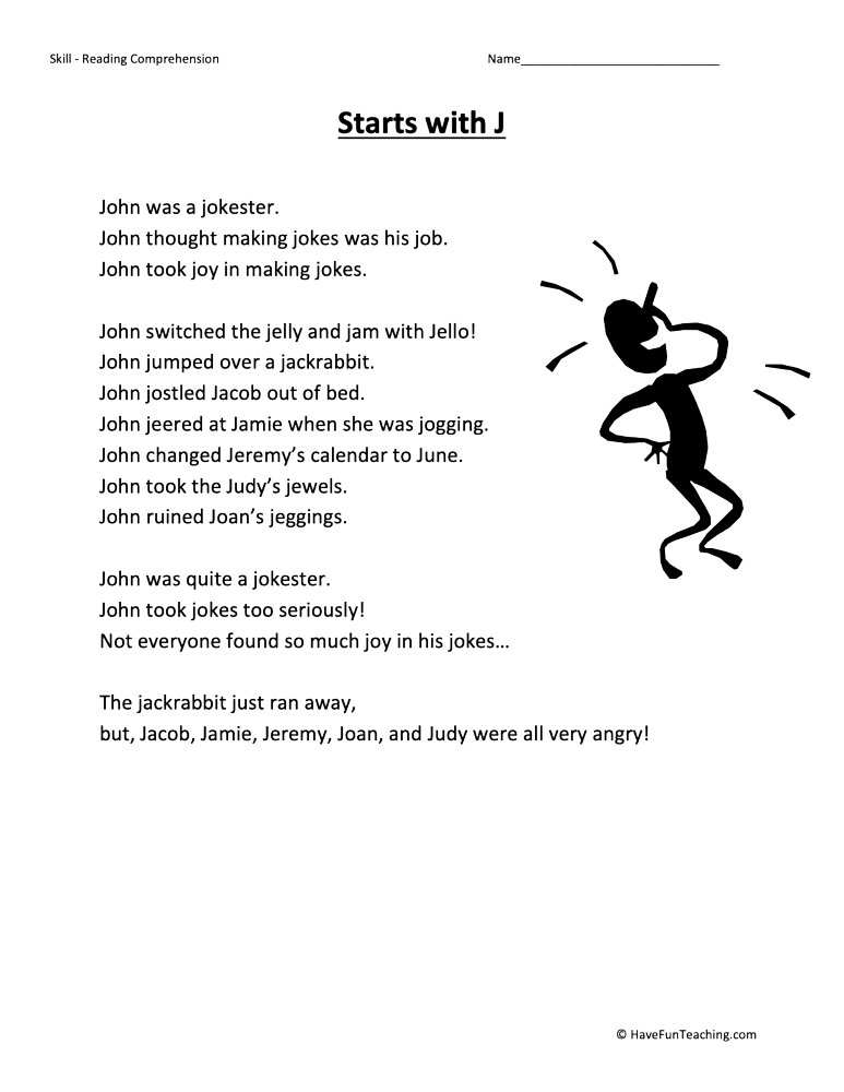 Starts With J Reading Comprehension Worksheet teaching resource preview