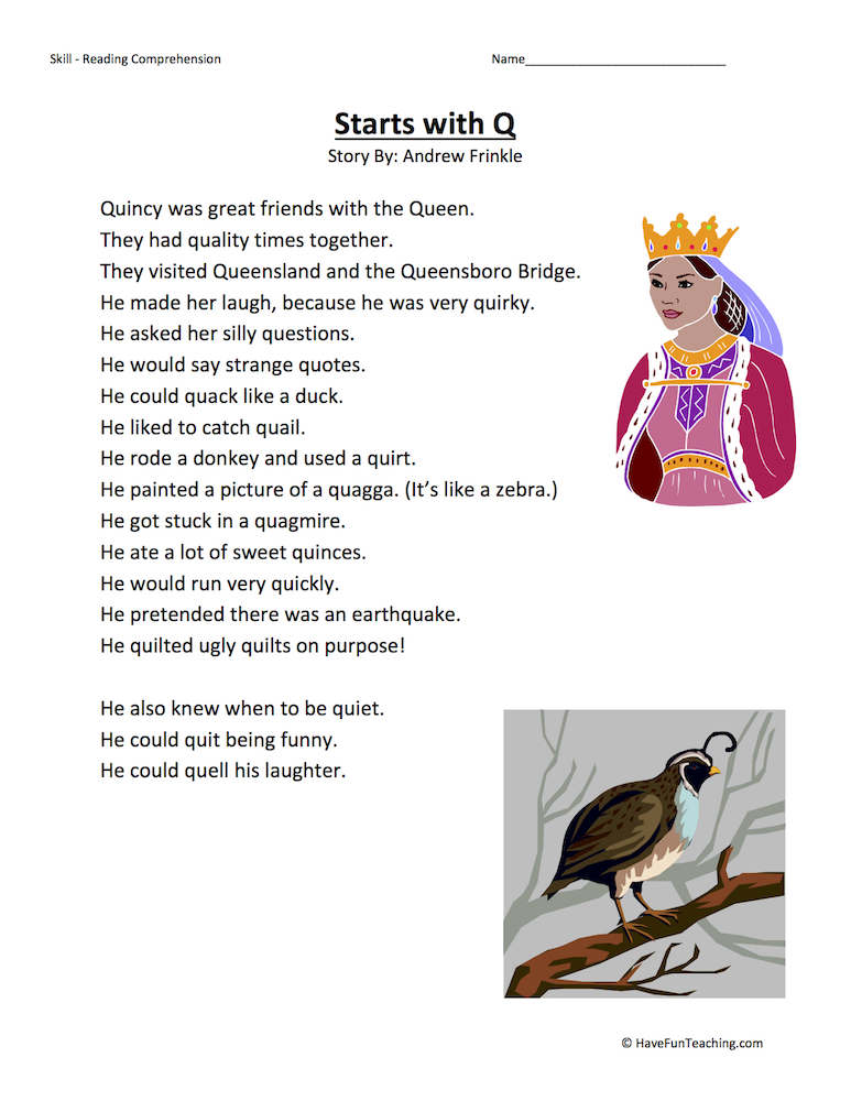 Starts With Q Reading Comprehension Worksheet teaching resource preview