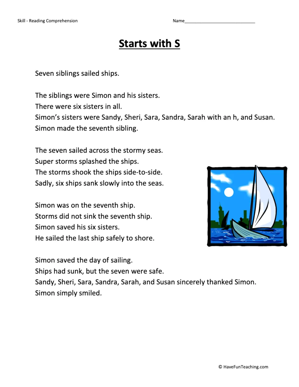 Reading passage about Simon and his six sisters sailing through storms, with repeated words beginning with S.
