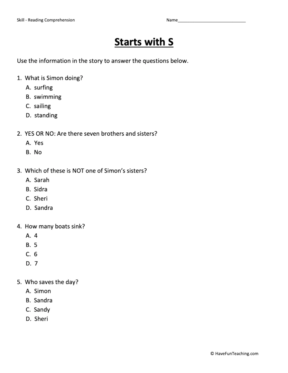 Five comprehension questions about Simon's sailing trip, his six sisters, sinking boats, and who saves the day.