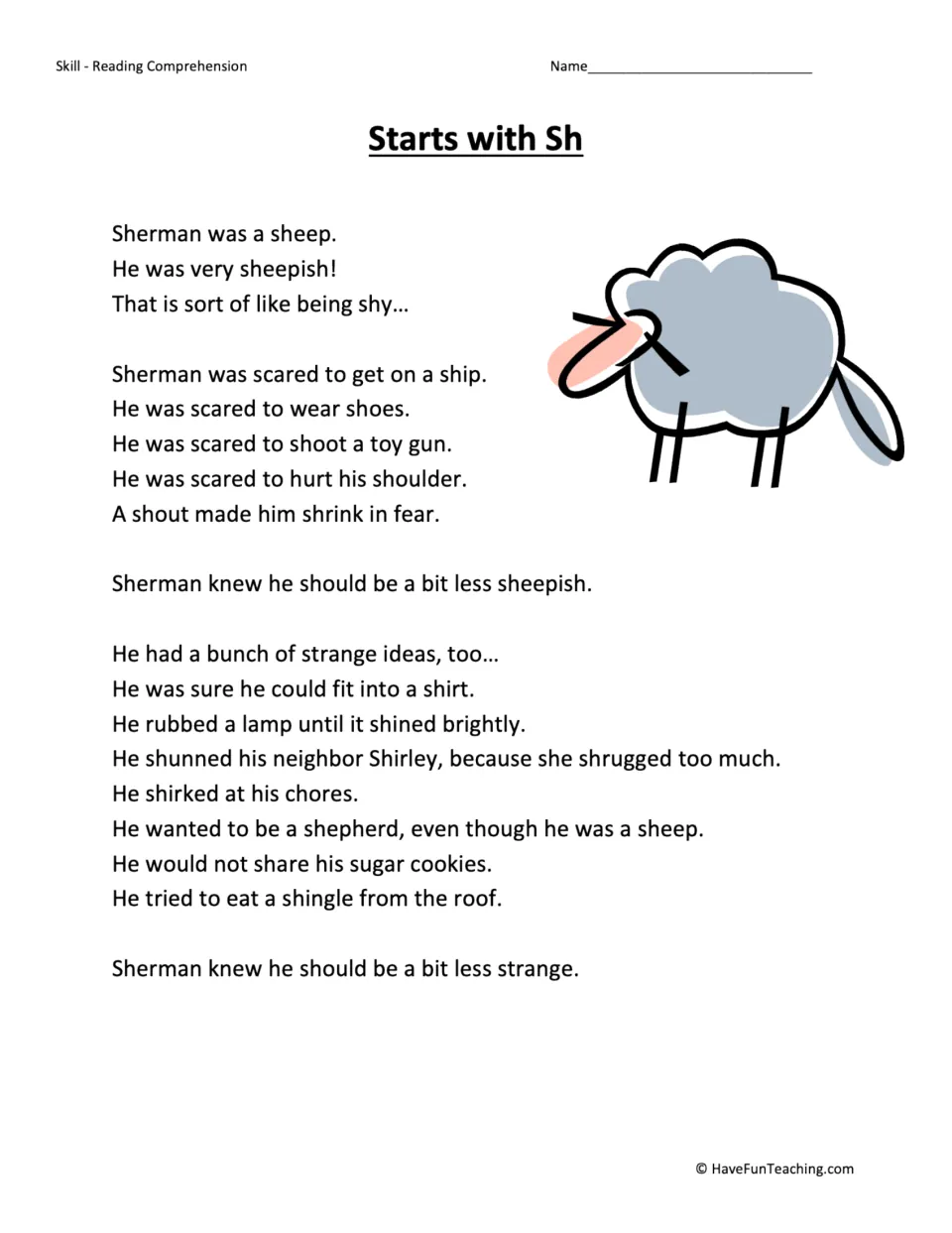 Reading passage about Sherman the sheep, his fears and strange ideas, featuring words with the SH sound.