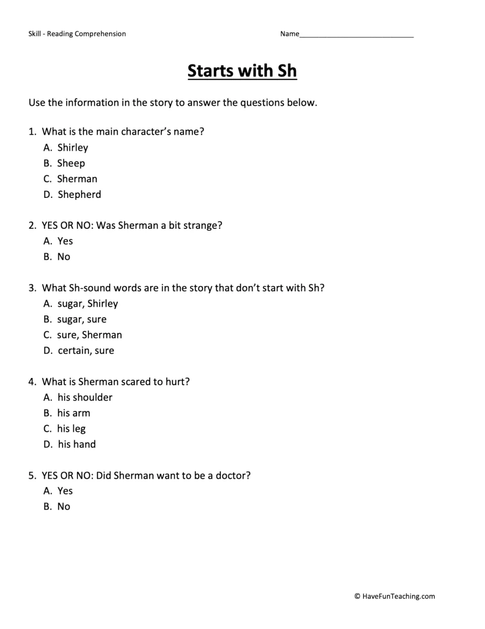 Five comprehension questions about Sherman, his fears, and the SH sound in the words sugar and sure.