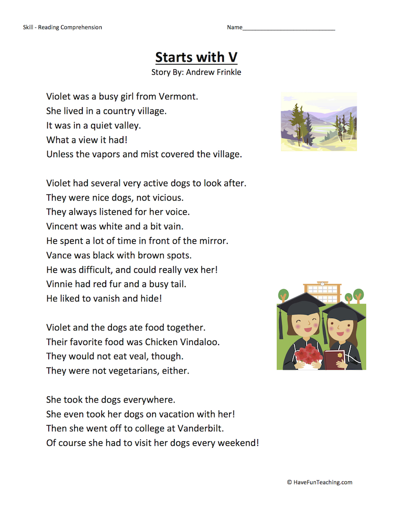 Starts With V Reading Comprehension Worksheet teaching resource preview