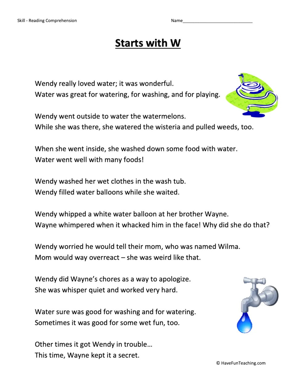 Reading passage about Wendy watering plants, washing clothes, and throwing a water balloon at her brother Wayne.