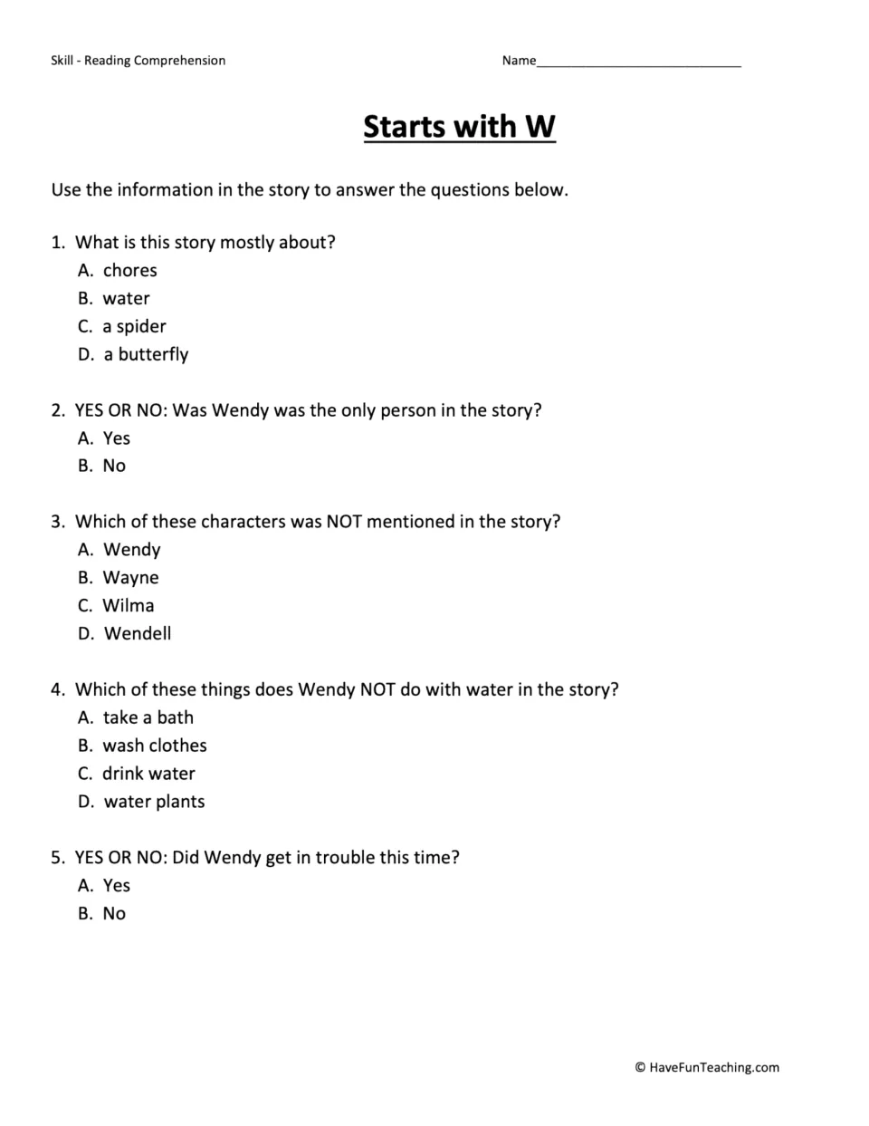 Five comprehension questions about the water story's main idea, characters, Wendy's actions, and ending.