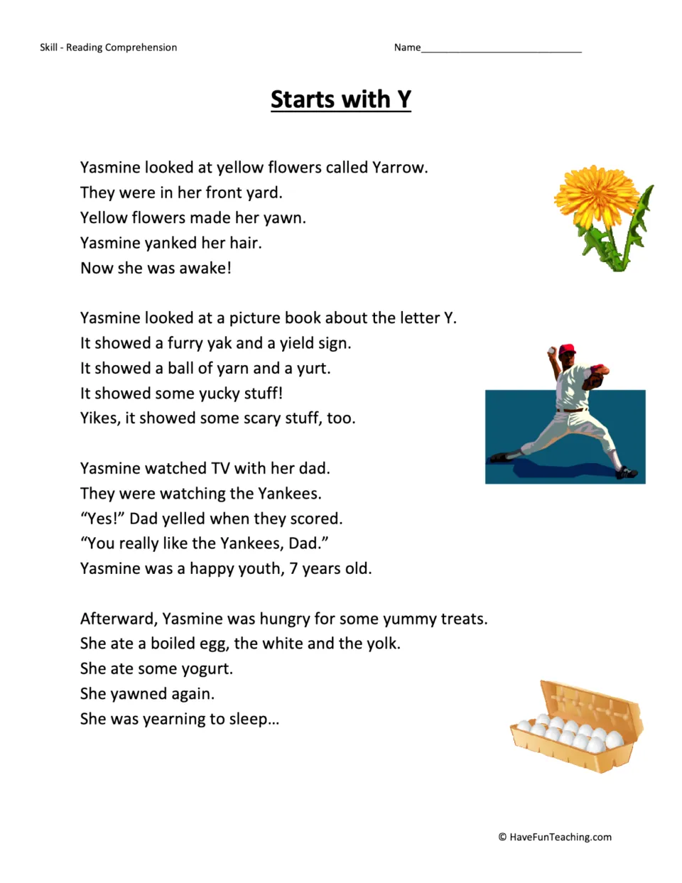 Reading passage about Yasmine and Y words, including yellow flowers, a yak, yarn, the Yankees, and yogurt.