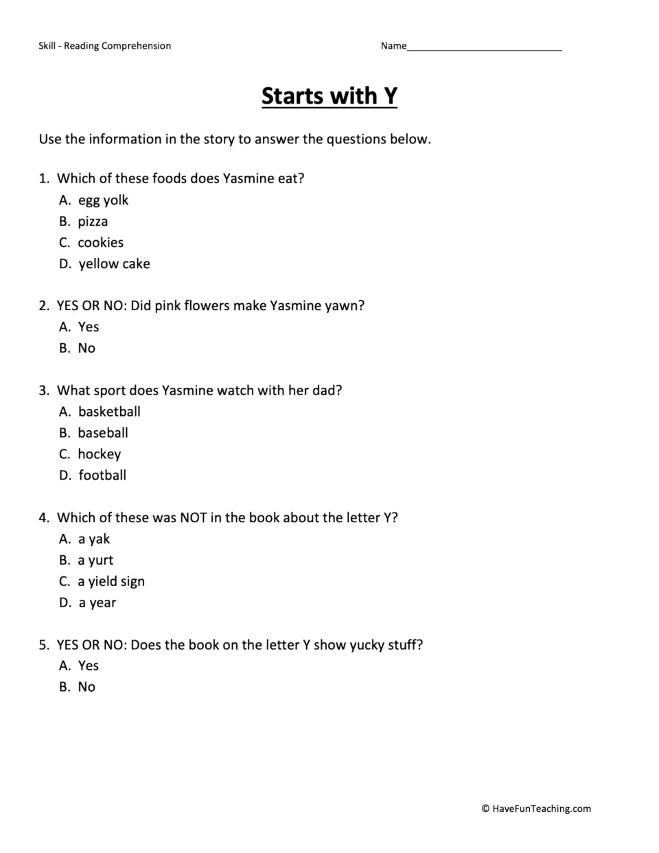 Five comprehension questions about Yasmine's food, flowers, baseball, and the contents of her letter Y book.