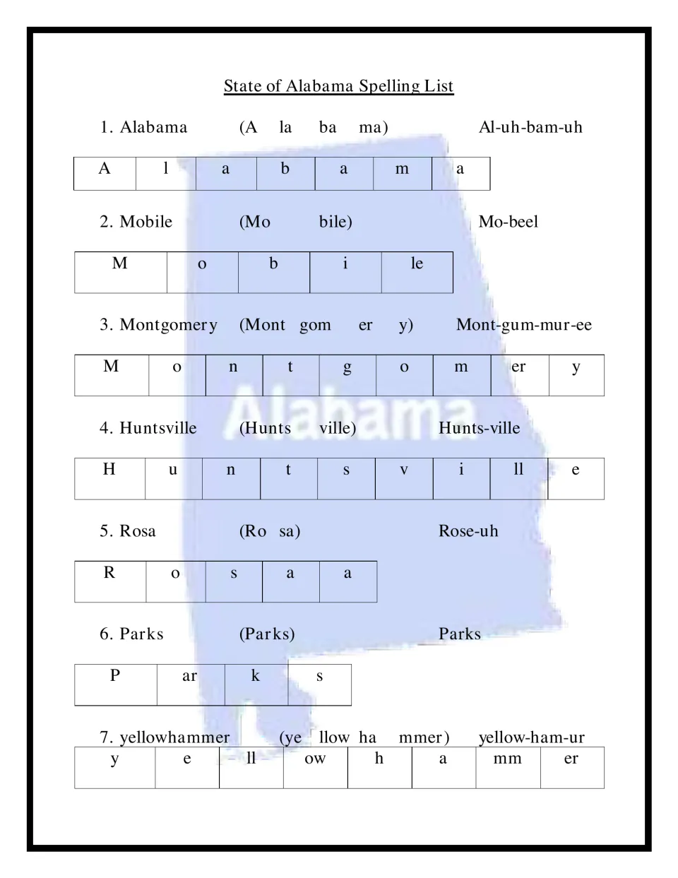 Alabama spelling words 1-7, Alabama to yellowhammer, each split into syllables, pronunciation and letter sounds