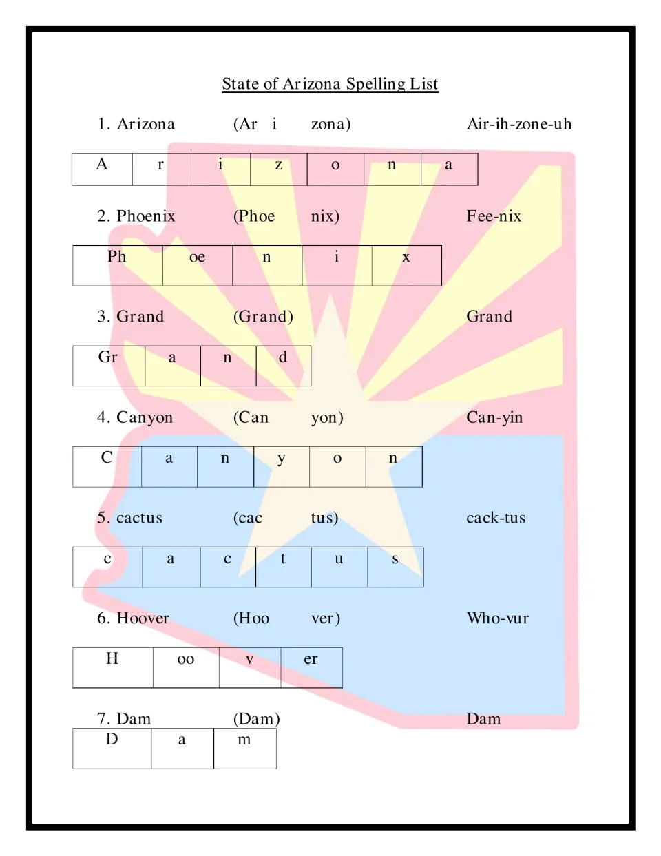 Arizona spelling words 1-7, Arizona to Hoover Dam, each split into syllables and letter sounds with pronunciation guides