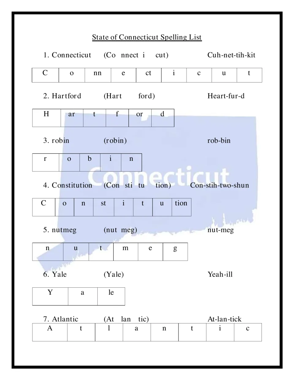 Connecticut spelling words 1-7 split into syllables, with sound-out spellings and letter-chunk rows for each word