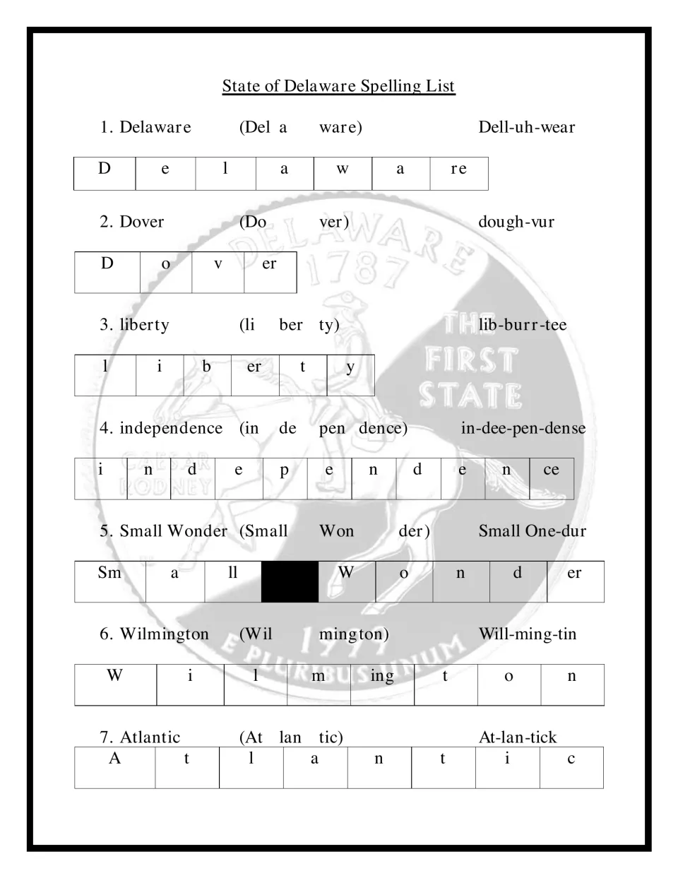 Delaware spelling words 1-7: students practise syllables, pronunciation and letter chunks for Dover, Wilmington and more