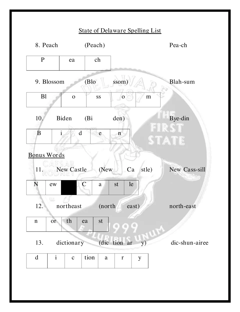 Delaware spelling words 8-10 (Peach, Blossom, Biden) plus bonus words New Castle, northeast and dictionary in syllables