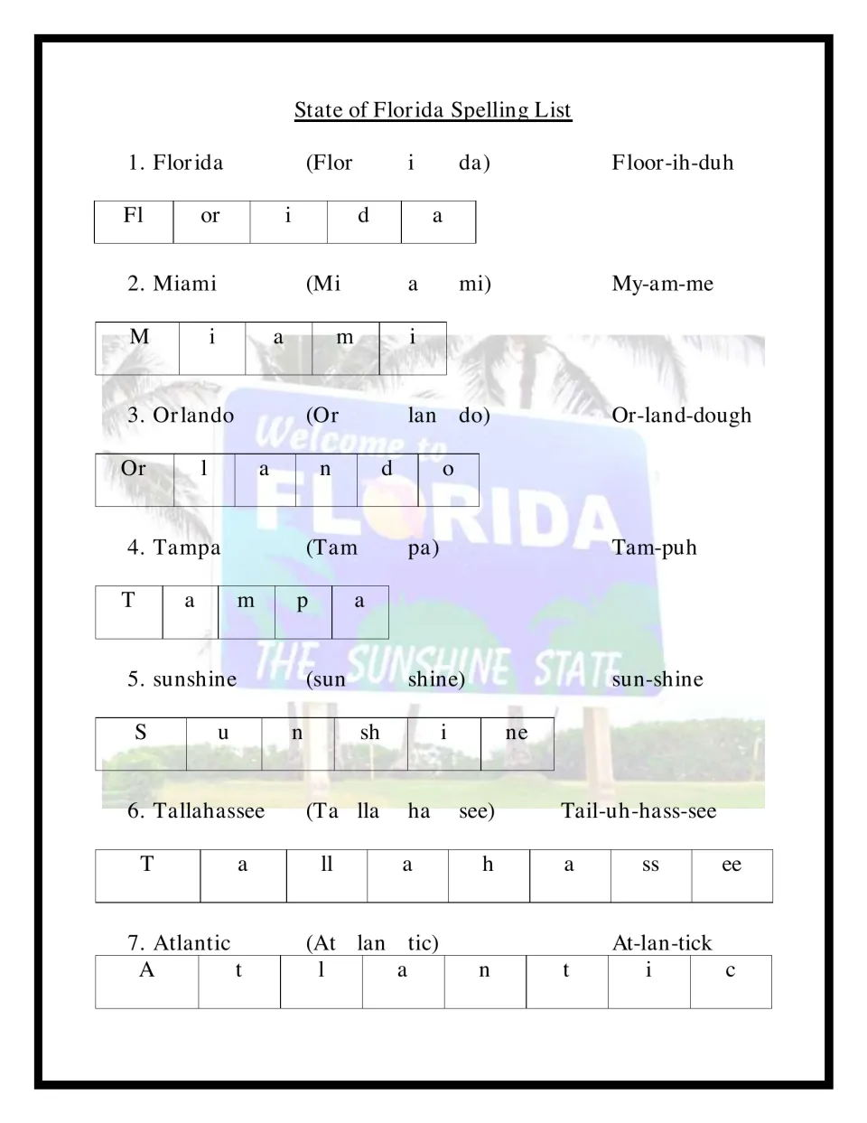 Florida spelling words 1-7, Florida to Atlantic: students study each word's syllables, pronunciation and letter sounds