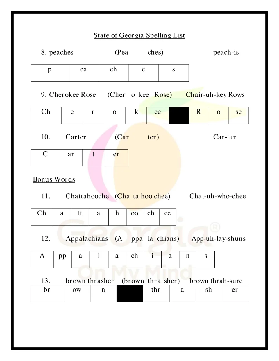 Georgia spelling words 8-10 (peaches, Cherokee Rose, Carter) and bonus words like Appalachians, split by syllable and sound