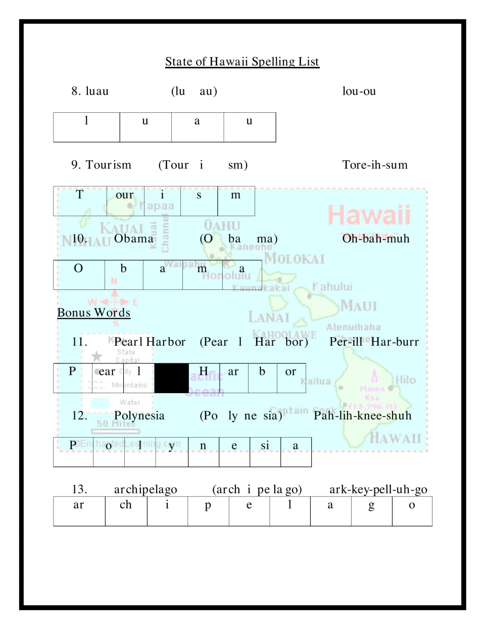 Hawaii spelling words 8-13: luau, Tourism, Obama and bonus words Pearl Harbor, Polynesia, archipelago, with syllables