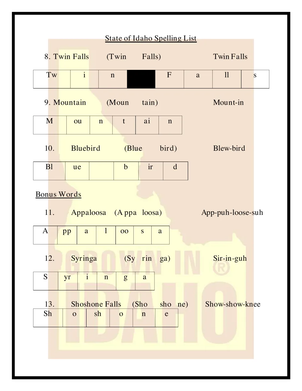 Idaho spelling list, words 8–13: Twin Falls, Mountain, Bluebird, Appaloosa, Syringa and Shoshone Falls.