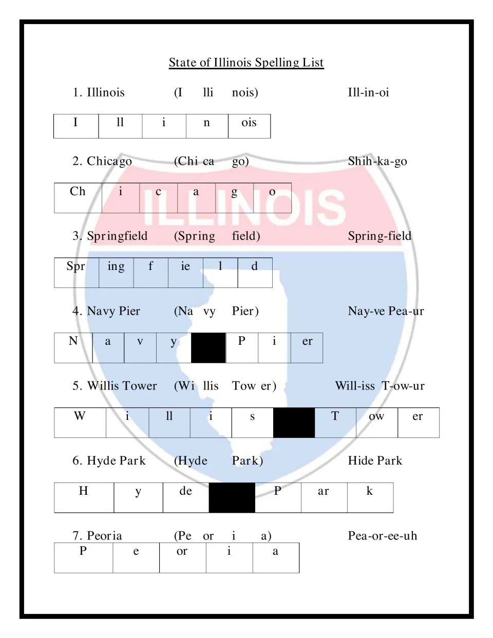 Illinois place-name spelling words 1-7, Illinois to Peoria, each split into syllables, a say-it guide and letter chunks