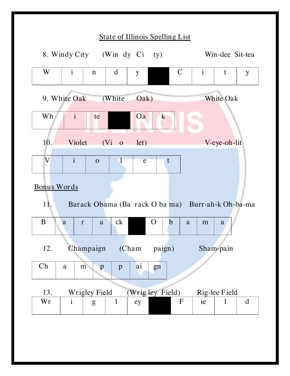 Illinois spelling words 8-10 plus bonus words Barack Obama, Champaign and Wrigley Field, with syllables and sound-outs
