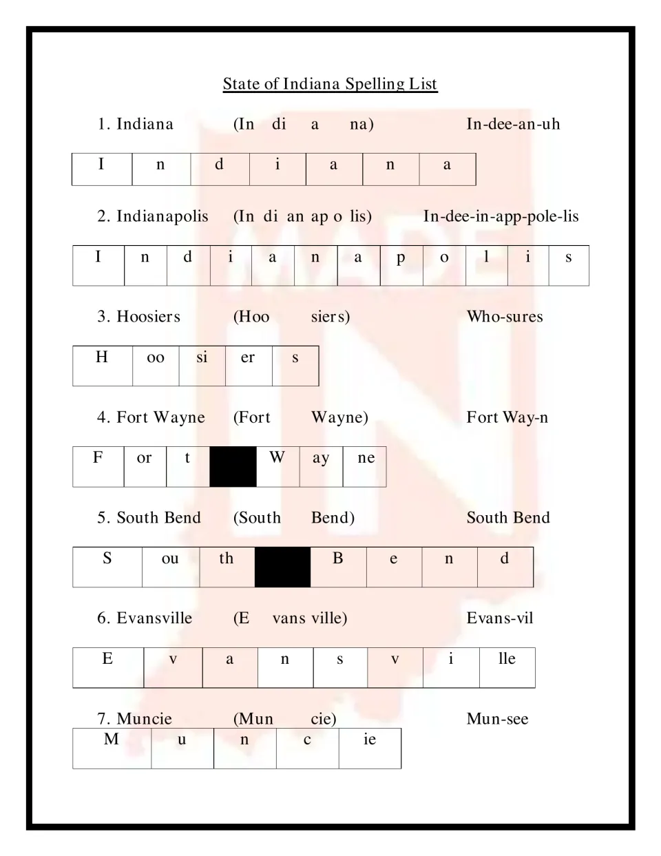Indiana place-name spelling, words 1-7: Indianapolis, Hoosiers, Fort Wayne and more, each split by sound and pronounced