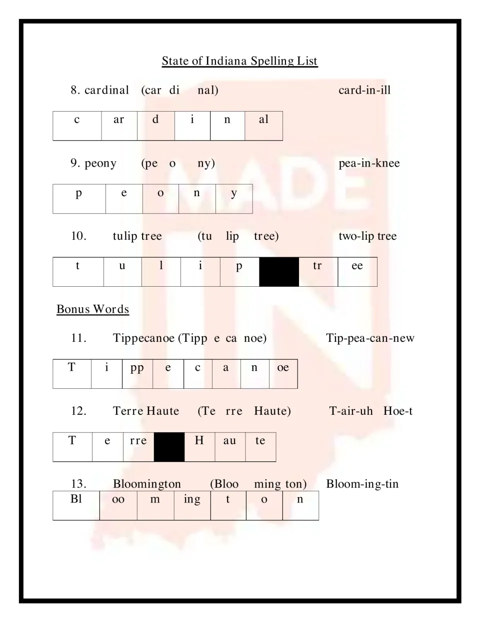 Indiana spelling words 8-13: cardinal, peony, tulip tree, bonus words Tippecanoe, Terre Haute, Bloomington, split by sound