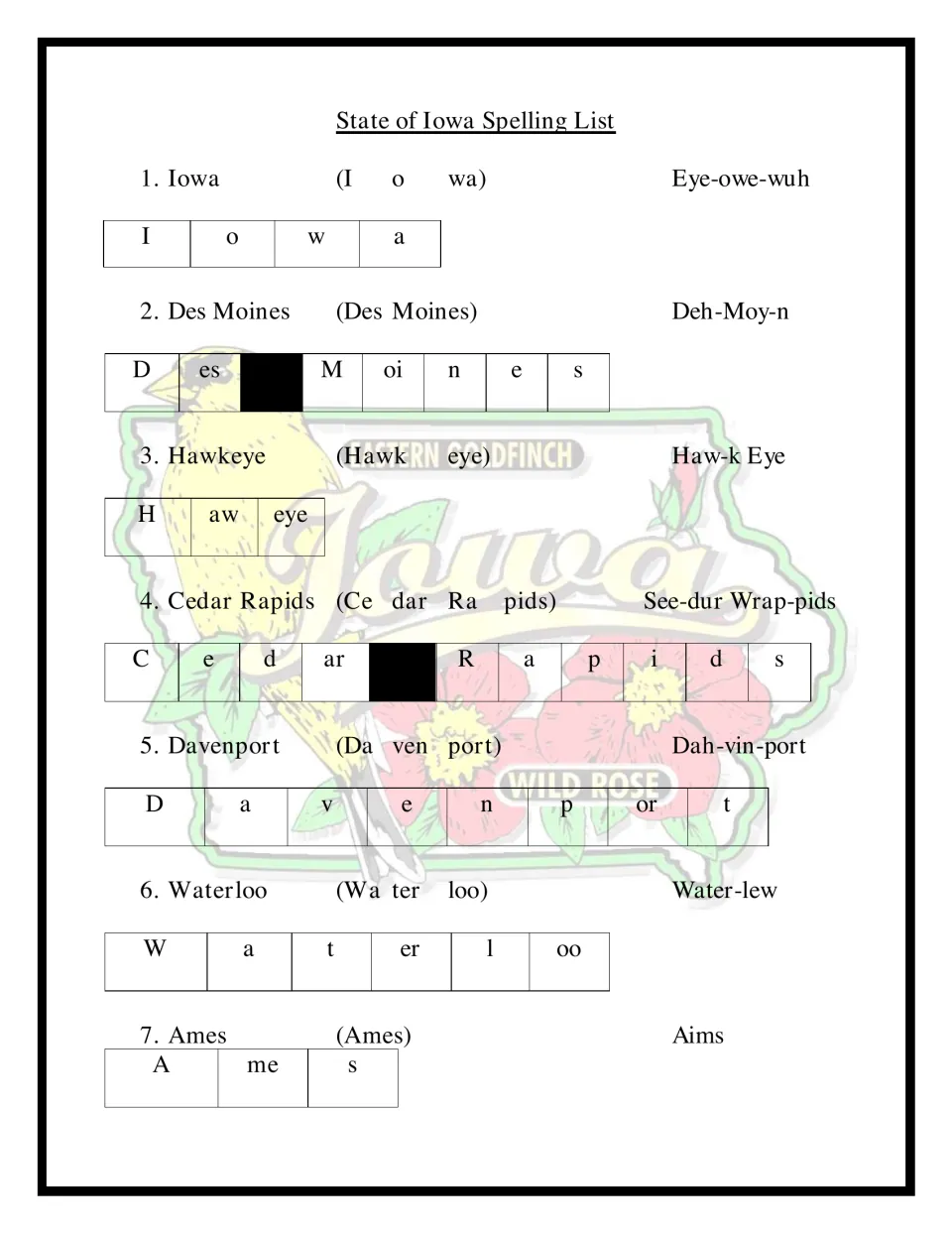Iowa spelling words 1-7, Iowa to Ames: students study each place name split into sound chunks with a pronunciation guide