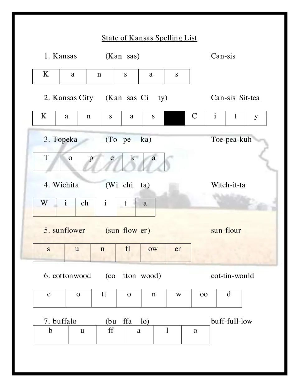Kansas spelling words 1-7, Kansas to buffalo: each word split into syllables and letter chunks with a sound-it-out guide