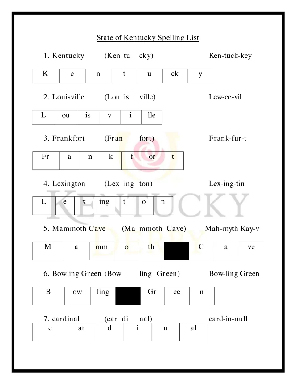 Kentucky spelling words 1-7 such as Frankfort and Mammoth Cave, each split into syllables, a pronunciation and sound chunks