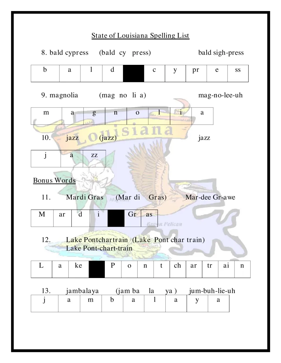 Louisiana words 8-10 plus bonus words Mardi Gras, Lake Pontchartrain and jambalaya, with syllables and pronunciations