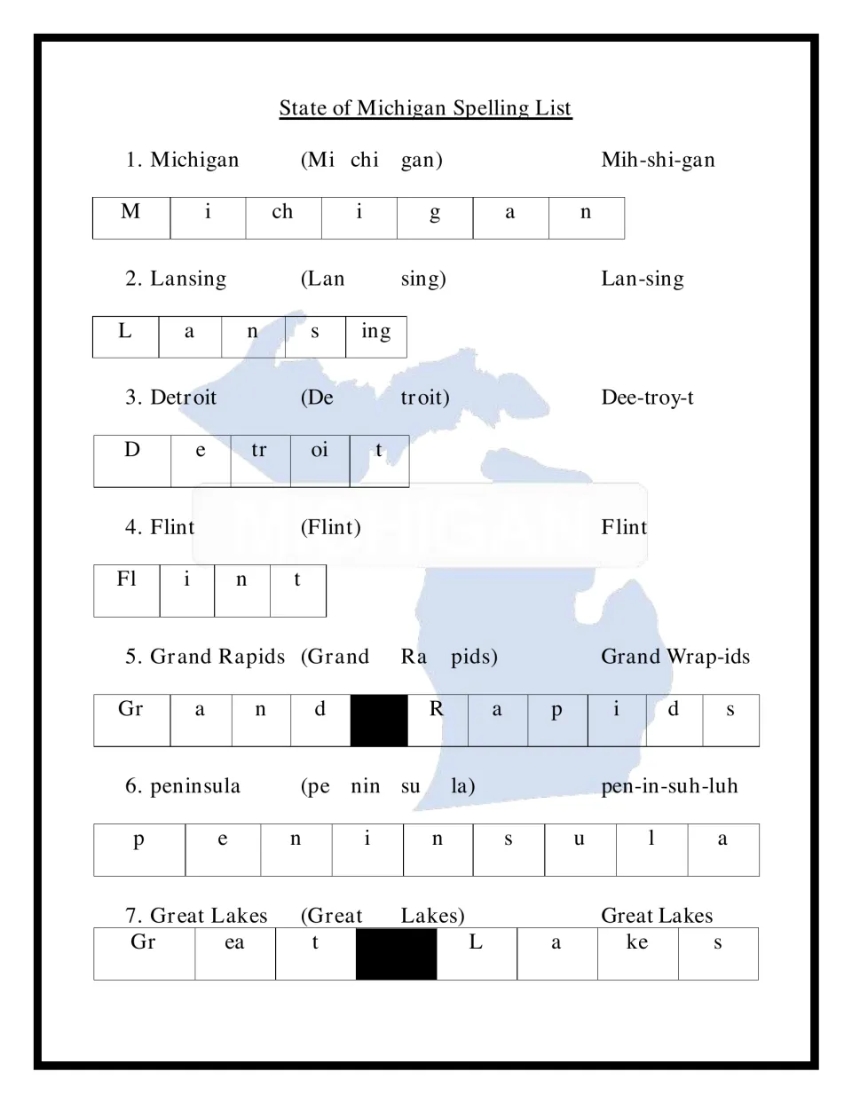Michigan spelling words 1-7, Michigan to Great Lakes: students study syllables, pronunciations and letter-chunk spellings