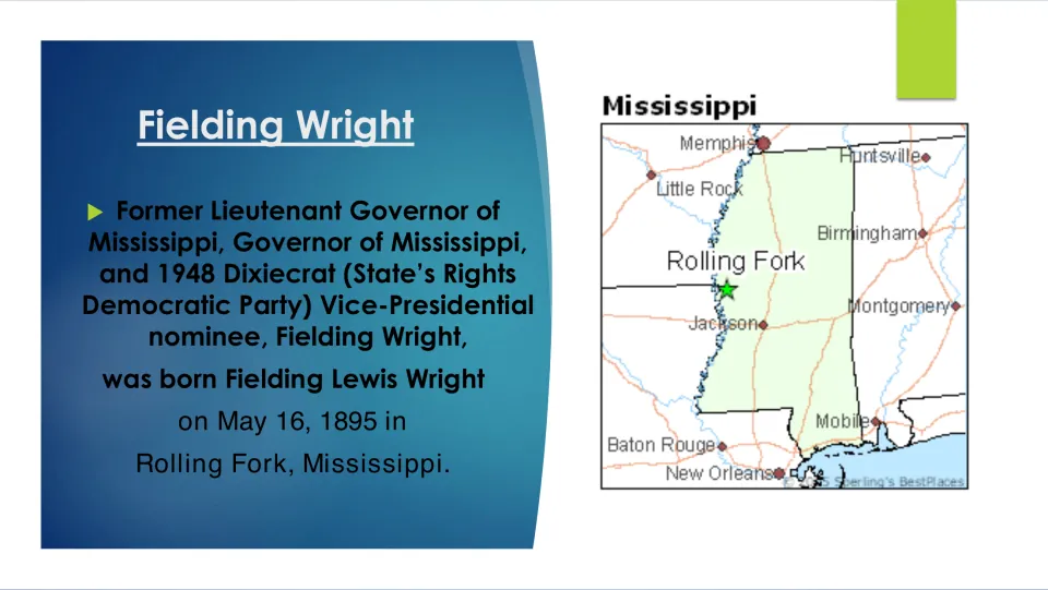Biography slide listing Wright's political roles and May 16, 1895, birth in Rolling Fork, Mississippi