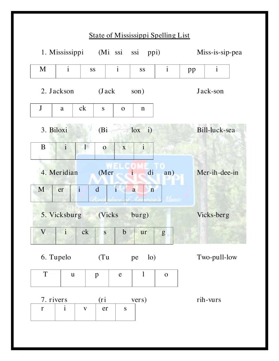 Mississippi spelling words 1-7, such as Jackson, Biloxi and Tupelo, split into syllables, sound chunks and pronunciation