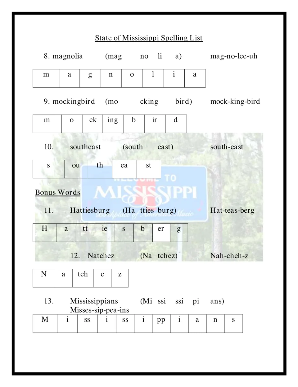Spelling words 8-10 (magnolia, mockingbird, southeast) and bonus words Hattiesburg, Natchez, Mississippians, with syllables