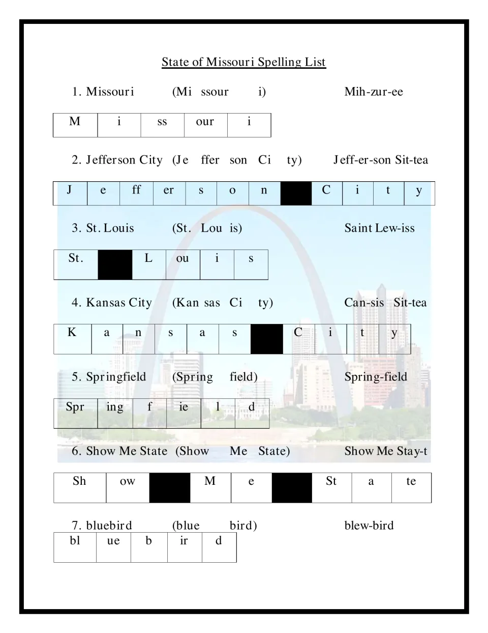 Missouri spelling words 1 to 7, Missouri to bluebird, each split into syllables, letter chunks and a sound-out guide