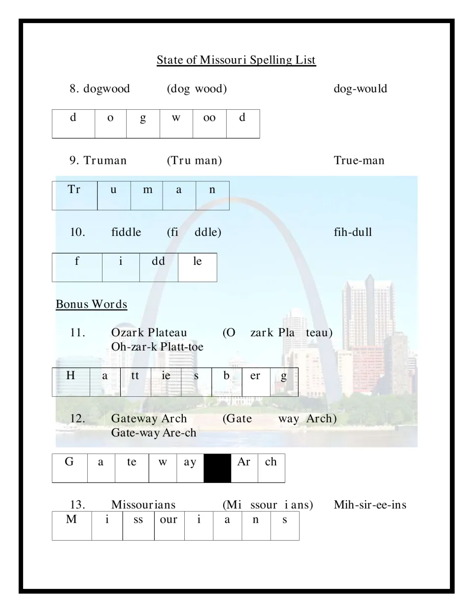 Missouri spelling words 8 to 10 (dogwood, Truman, fiddle) plus bonus words Ozark Plateau, Gateway Arch and Missourians