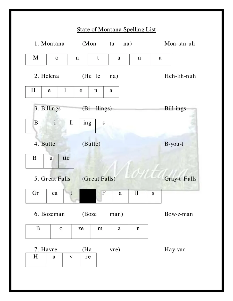 Montana spelling words 1-7, the state name and cities Helena to Havre, each split into syllables with pronunciations