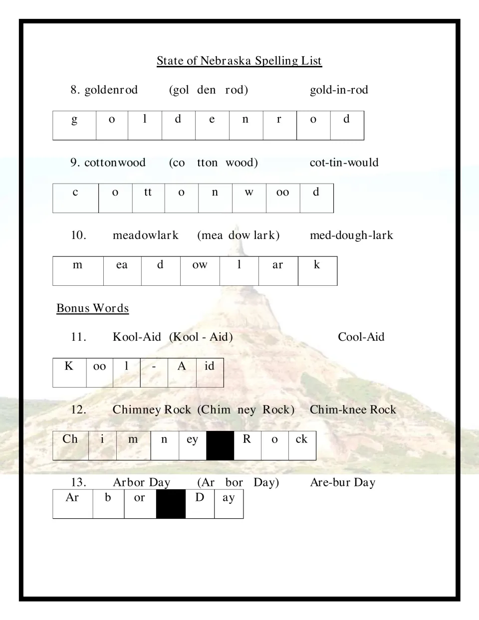 Spelling words 8-10: goldenrod, cottonwood, meadowlark, plus bonus Kool-Aid, Chimney Rock and Arbor Day in letter chunks
