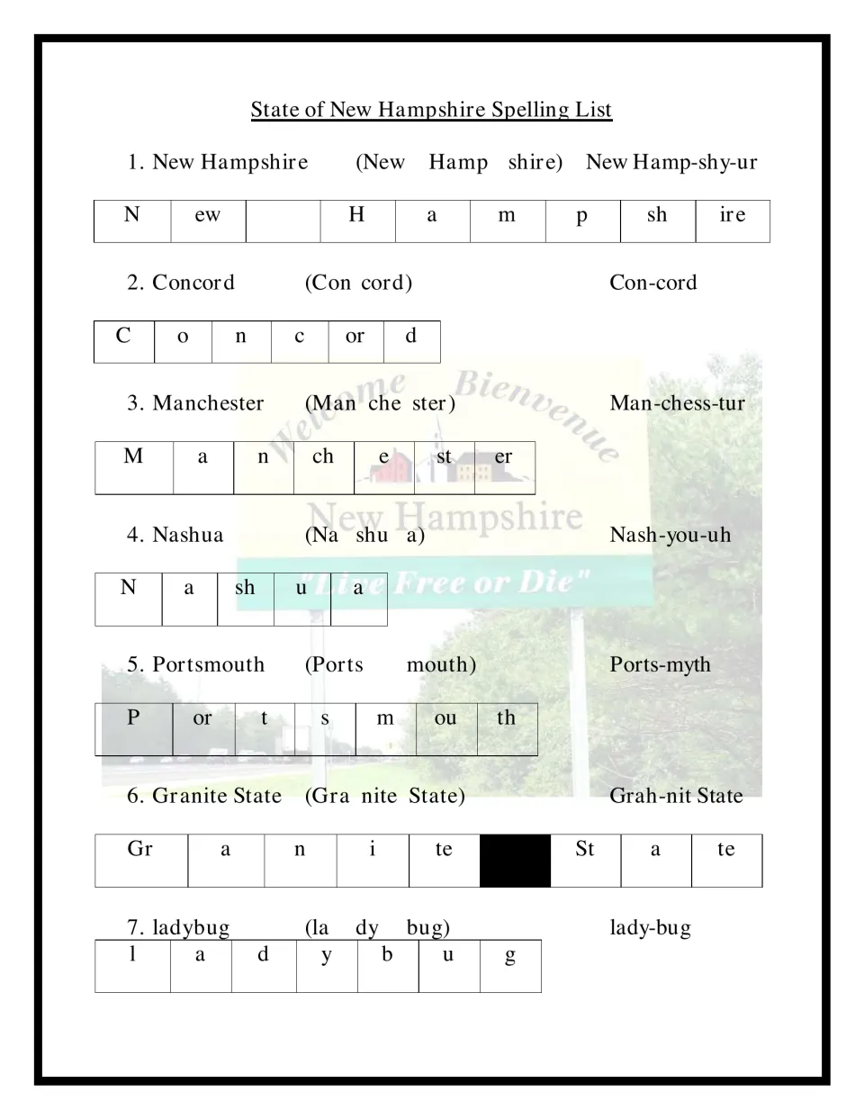 New Hampshire spelling words 1-7, Concord to ladybug, with syllables and pronunciation; students spell in sound chunks