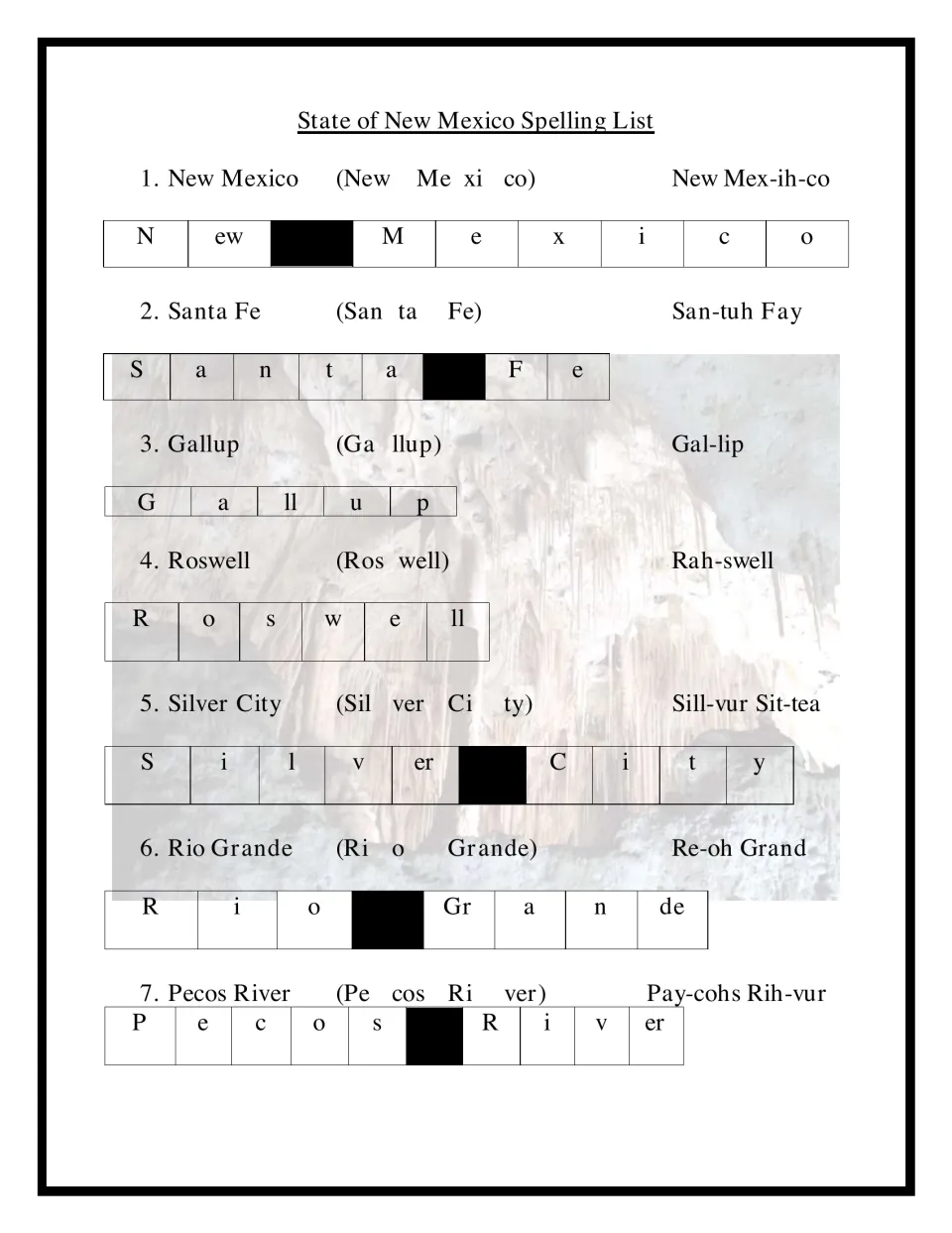 New Mexico place names 1-7, Santa Fe to Pecos River: students spell each word by its sounds using a pronunciation guide