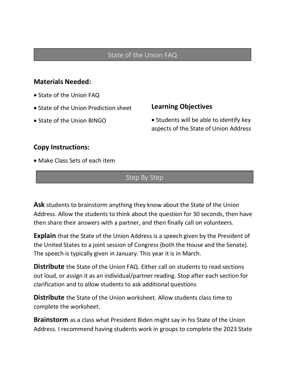 Lesson plan for a State of the Union FAQ lesson: materials, objective, copy notes and steps to brainstorm, read and discuss