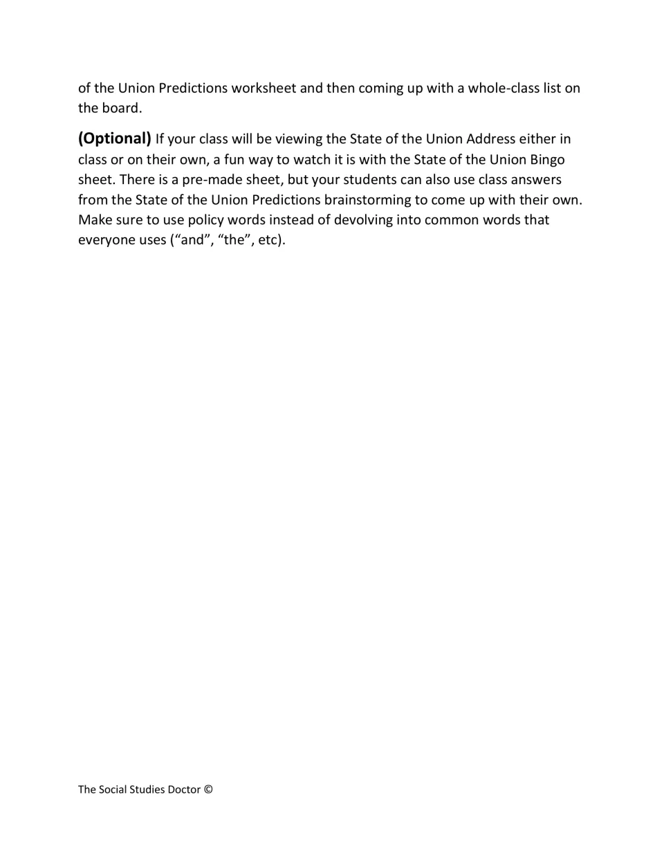 Lesson plan steps, continued: groups list predictions for the speech, with an optional BINGO sheet to use while watching
