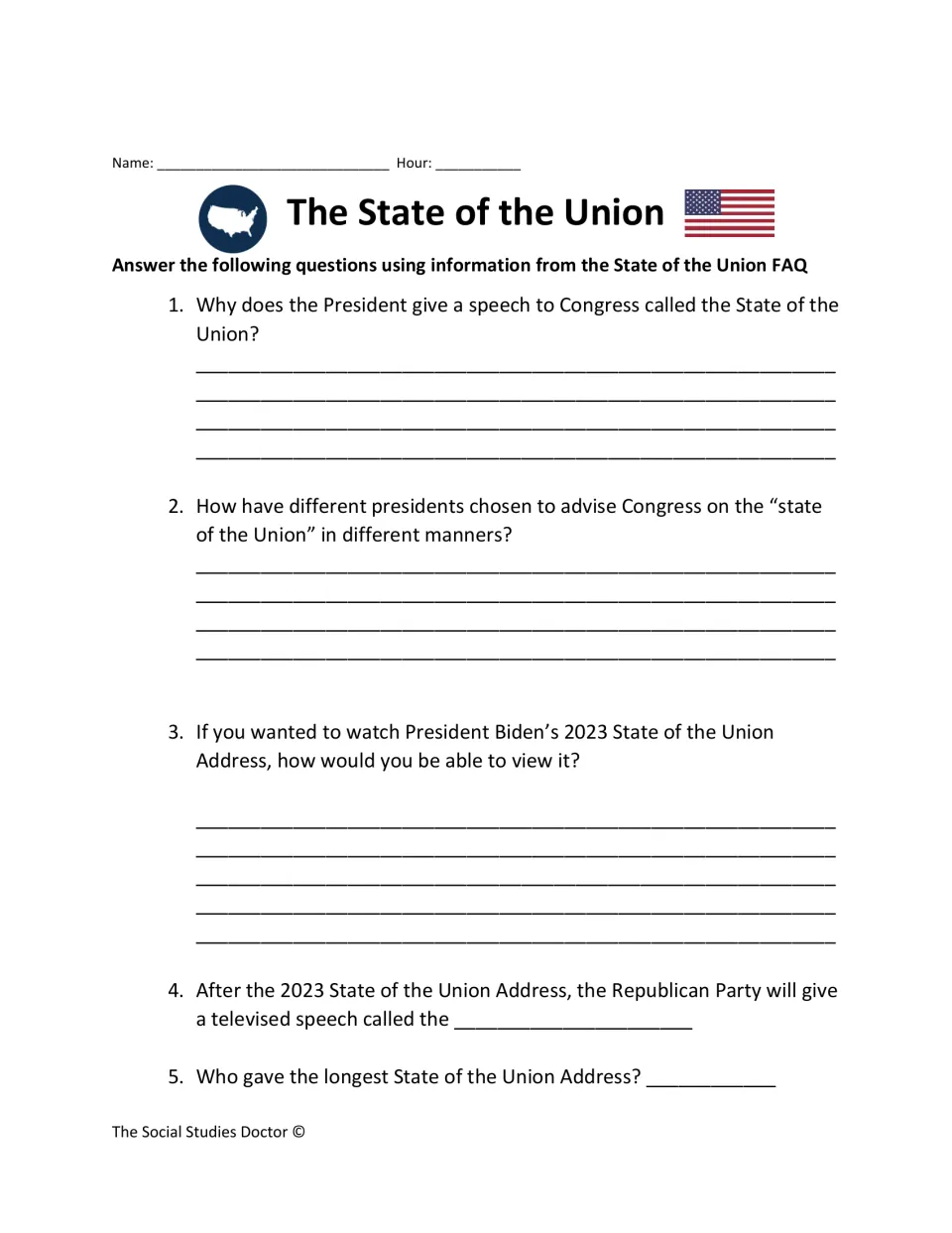 Reading comprehension on the State of the Union FAQ: students write answers to five questions on its purpose and history