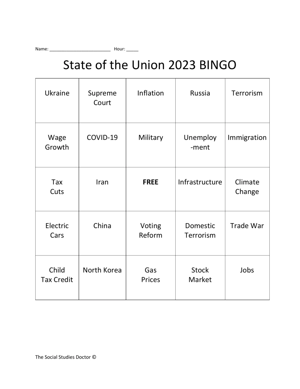Pre-made BINGO card of policy terms such as Ukraine, inflation, immigration and climate change to mark while watching