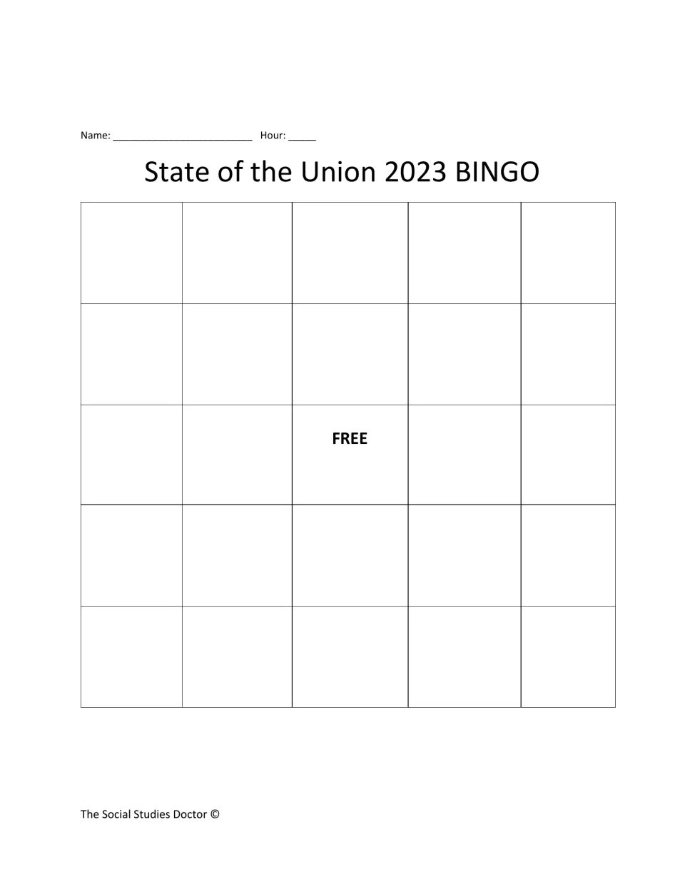 Blank 5x5 BINGO card with a FREE center square for students to fill with their own predicted speech topics