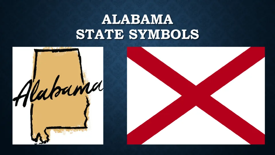 Alabama State Symbols presentation cover showing the state's outline, its name, and its red-and-white flag