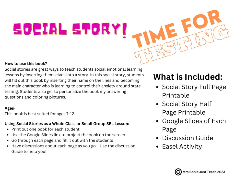 Social story introduction: directions for personalizing the testing book, ages 7–12, and included formats