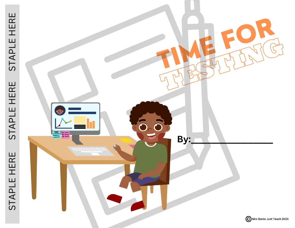 Social story cover titled “Time for Testing,” with a student at a computer and a place for the author's name