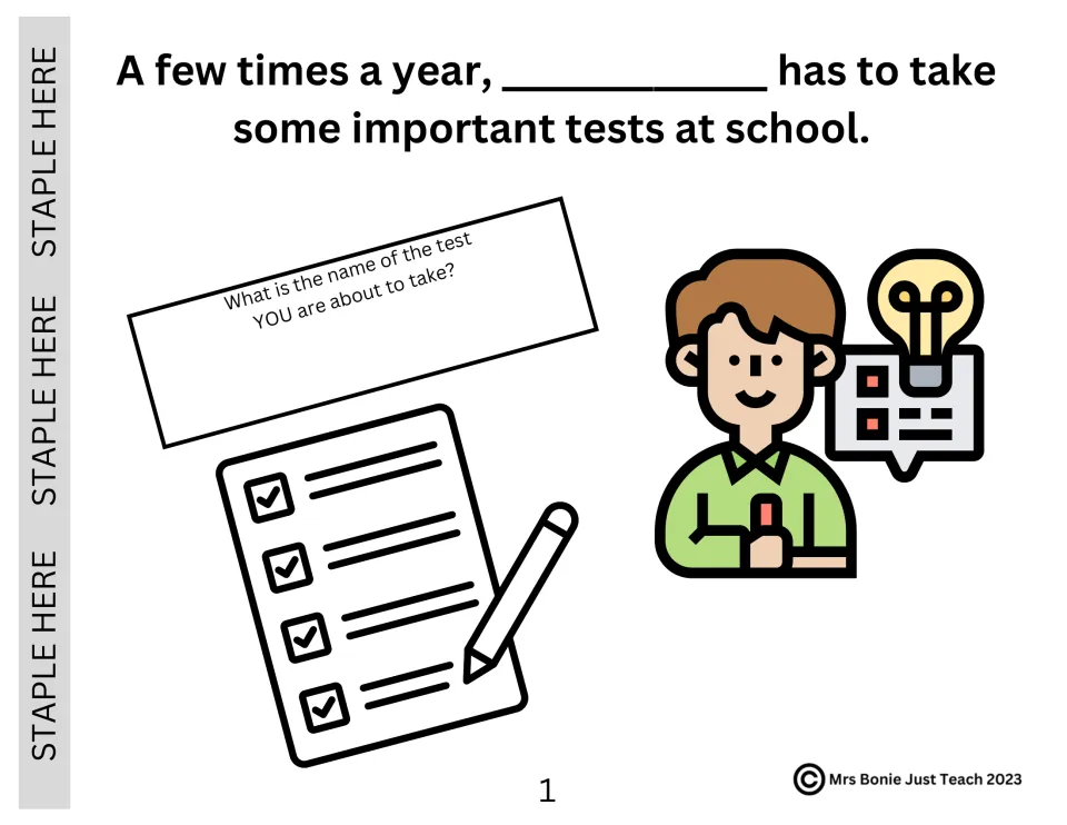 Testing social story page 1: introduces important school tests and asks students to name their upcoming test