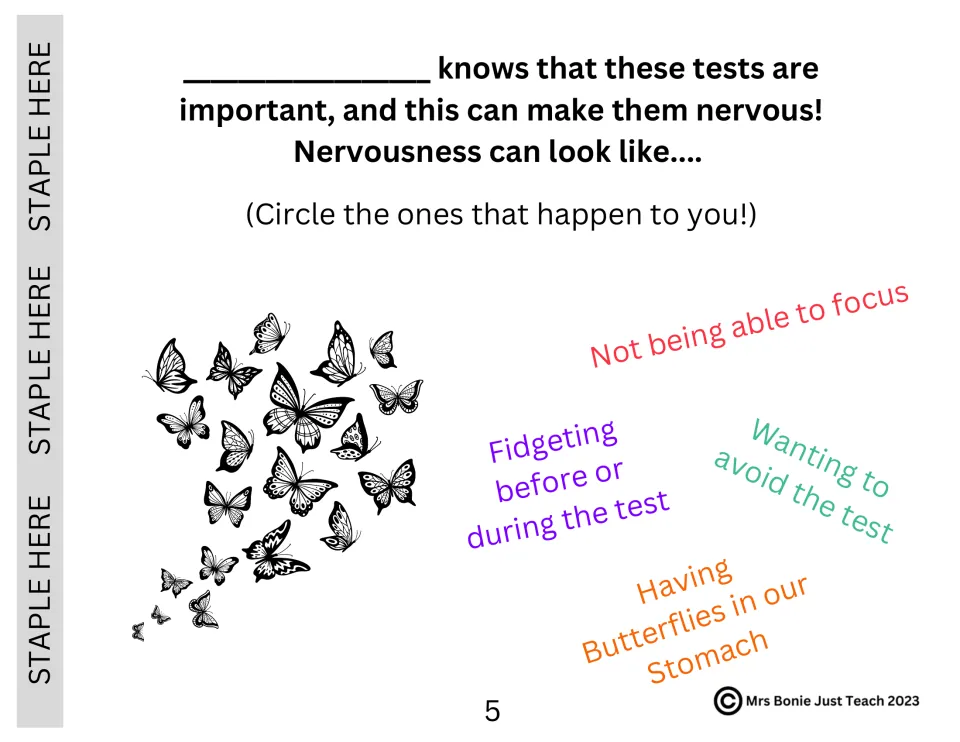 Testing social story page 5: students circle signs of nerves, including fidgeting and trouble focusing