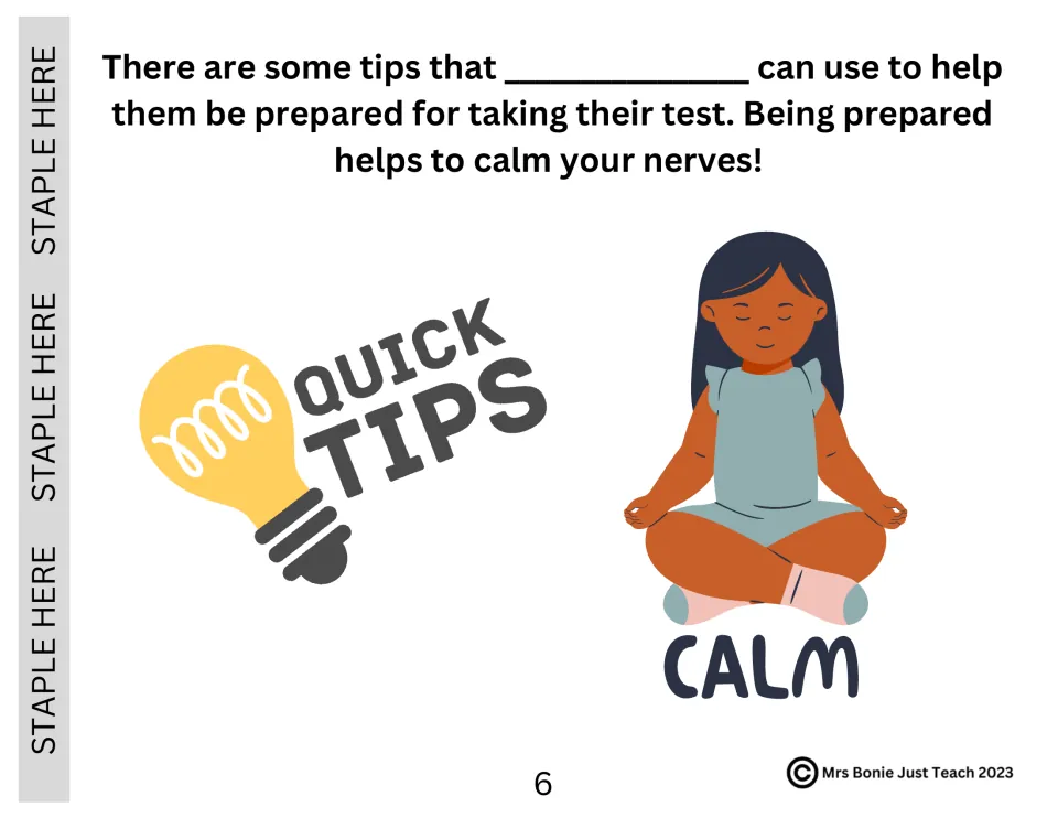 Testing social story page 6: introduces preparation tips and explains that being prepared helps calm nerves
